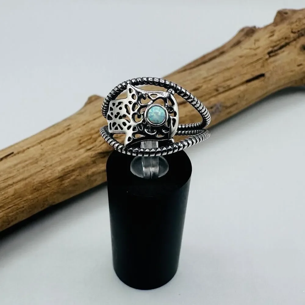 Sterling Silver Lab Opal Hamsa Ring